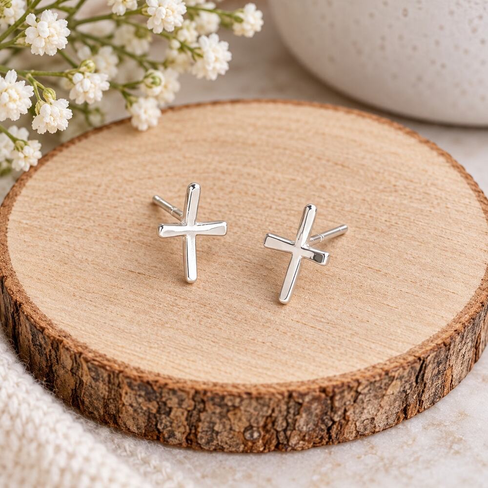 Silver Cross Stud Earrings – Minimalist Christian Faith Jewelry